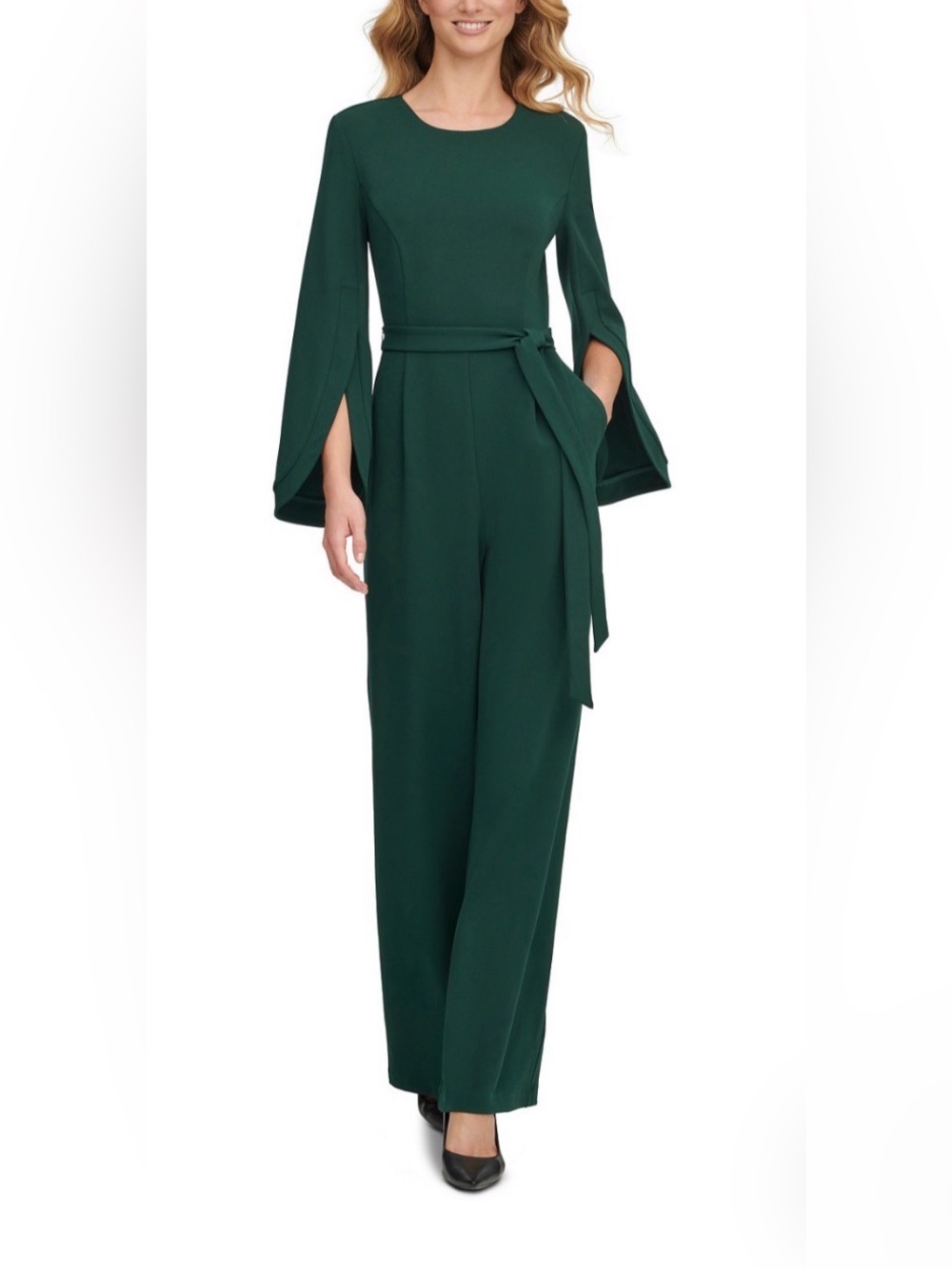 Calvin Klein Dark Green Long Sleeve Belted Jumpsuit Dress